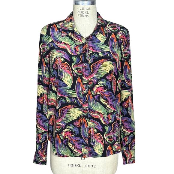 True Religion Womens Angel Wings Printed Silk Shirt Button Up Size Medium - Picture 1 of 8